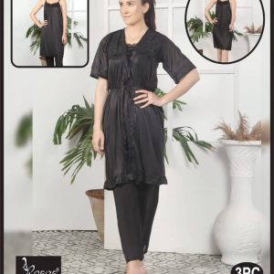 Black Silk Night Suit For Women Gown + Inner + Trouser Set for Women