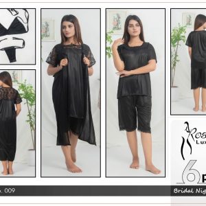 Pack of 6 Pcs Bridal Robe Gown Set Silk Sleeves Wear Night Dress for Women (Complete Sleeping Suit)